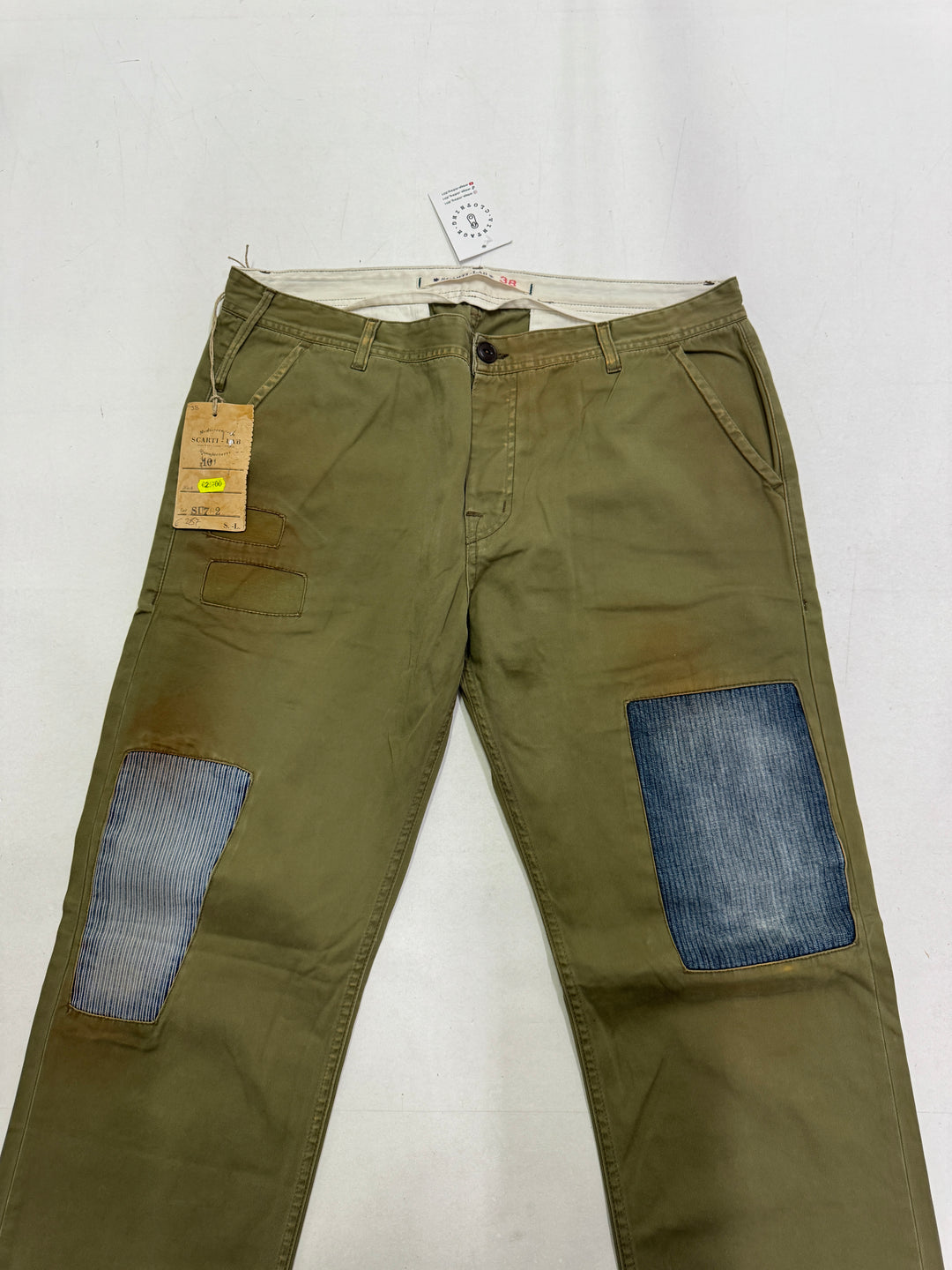 Scarti-Lab 101 W38 jeans chino pants verde patch nuovo con cartellino Deadstock