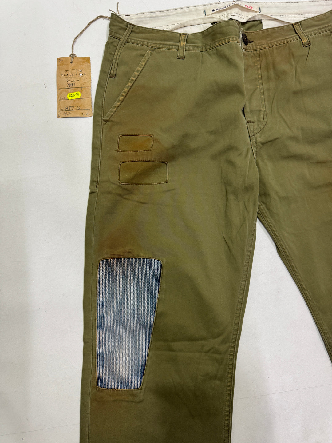 Scarti-Lab 101 W38 jeans chino pants verde patch nuovo con cartellino Deadstock